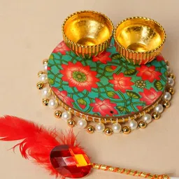PLAYFUL STITCHES Green & Pink Metal Pooja Thali with Tilak Stick-image-1