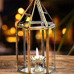 DSH Crafting Your Curiosity Metallic toned & Transparent Glass Lantern with Brass Diya-28
