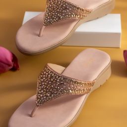 Inc 5 Women Rose Gold Embellished Ethnic Comfort Sandals-image-92