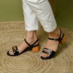 Zebba Women Black & Gold-Toned Embellished PU Party Block Sandals-7