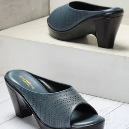 Shezone Blue Textured Block Peep Toes with Laser Cuts-0