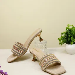 KLEXIO Embellished Suede Party Kitten Sandals-32