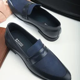 HERE&NOW Men Navy Blue Round Toe Suede Formal Loafers-image-39