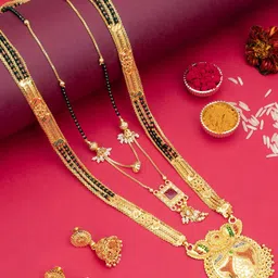 Sukkhi Set Of 3 Gold-Plated Stone-Studded & Beaded Mangalsutra With Earrings-9
