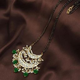I Jewels Gold-Plated & Black Beaded & Green pearls Studded Mangalsutra-image-5