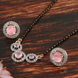 Jewar Mandi Gold-Plated CZ-Studded & Beaded Mangalsutra With Earrings-image-61