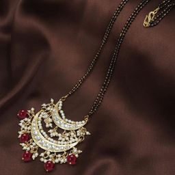 I Jewels Gold-Plated Maroon Kundan Studded & Pearl Beaded Mangalsutra-picture-1