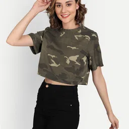 CHARMGAL Women Olive Green & Beige Camouflage Printed Oversized Crop T-shirt-picture-29