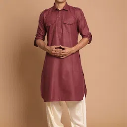 VASTRAMAY Men Purple & Off White Pathani Kurta with Salwar Set-15