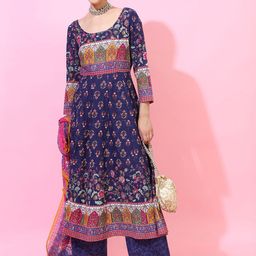 Vishudh Women Navy Blue Ethnic Printed Empire Pure Cotton Kurta with Palazzos & Dupatta-picture-42