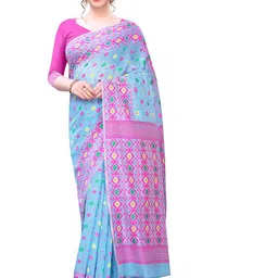 Silk Land Turquoise Blue & Pink Ethnic Motifs Pure Cotton Jamdani Saree-image-47
