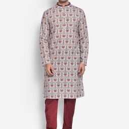 KISAH Mandarin Collar Long Sleeves Floral Printed Cotton Kurta-image-73