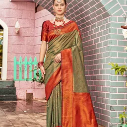 Anouk Green & Red Ethnic Motifs Woven Design Zari Kanjeevaram Saree-14