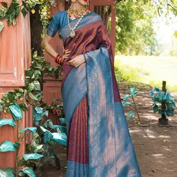 Anouk Blue & Copper-Toned Ethnic Motifs Woven Design Zari Art Silk Kanjeevaram Saree-49