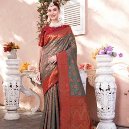 Anouk Turquoise Blue Floral Woven Design Zari Detailed Kanjeevaram Saree-image-17