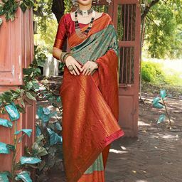 Anouk Turquoise Blue & Red Ethnic Motifs Woven Design Zari Art Silk Kanjeevaram Saree-image-75