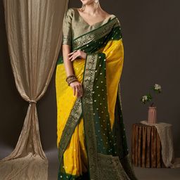 Anouk Yellow & Green Woven Design Zari Pure Georgette Kanjeevaram Saree-image-15