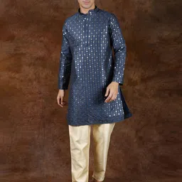 Exotic India Mandarin Collar Embroidered Regular Sequinned Straight Kurta with Pyjamas-picture-17