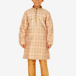 Pro-Ethic STYLE DEVELOPER Boys Brown Floral Printed Pure Silk Kurta with Pyjamas-picture-36