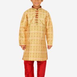 Pro-Ethic STYLE DEVELOPER Boys Gold Floral Printed Pure Silk Kurta with Pyjamas-picture-45
