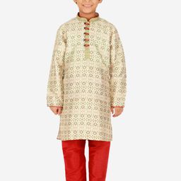 Pro-Ethic STYLE DEVELOPER Boys Green Floral Printed Pure Silk Kurta with Pyjamas-1