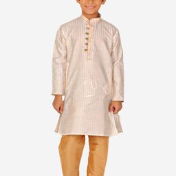 Pro-Ethic STYLE DEVELOPER Boys Cream Striped Pure Silk Straight Kurta with Pyjamas-8