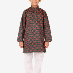 Pro-Ethic STYLE DEVELOPER Boys Green Floral Printed Pure Cotton Kurta with Pyjamas-58