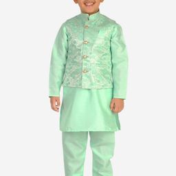 Pro-Ethic STYLE DEVELOPER Boys Green Floral Patchwork Kurta & Pyjamas With Nehru Jacket-24
