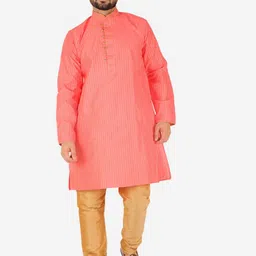 Pro-Ethic STYLE DEVELOPER Men Pink Striped Pure Silk Kurta with Pyjamas-picture-10