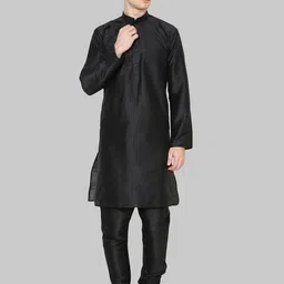 ROYAL KURTA Men Black Solid Mandarin Collar Long Sleeves Dupion Silk Kurta With Churidar-14