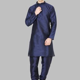 ROYAL KURTA Men Navy Blue Solid Dupion Silk Kurta with Churidar-image-44