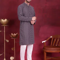 Jompers Ethnic Motifs Embroidered Chikankari Kurta with Pyjamas-picture-32