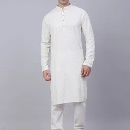 Jompers Men White Floral Embroidered Thread Work Pure Cotton Kurta with Churidar-image-6