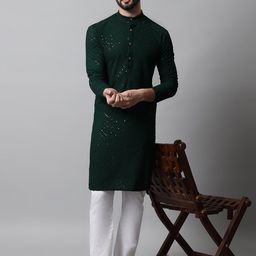 Jompers Men Sequinned Band Collar Pure Cotton Kurta with Pyjamas-image-47