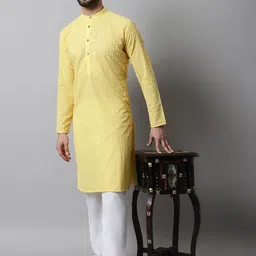 Jompers Men Yellow Embroidered Pure Cotton Kurta with Pyjamas-image-34