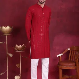 Jompers Geometric Chikankari Embroidered Band Collar Collar Long Sleeve Sequins Kurta Set-image-64