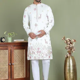 Jompers Floral Embroidered Sequinned Mandarin Collar Straight Kurta With Pyjama-7