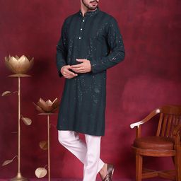 Jompers Geometric Chikankari Embroidered Band Collar Collar Long Sleeve Sequins Kurta Set-image-58