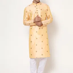 THE GENTLEMENS CLUB Men Brown Floral Embroidered Linen Kurta with Pyjamas-image-24