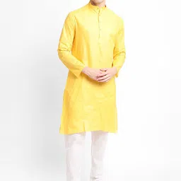 DEVOILER Men Yellow & White Solid Cotton Blend Kurta with Pyjamas-2