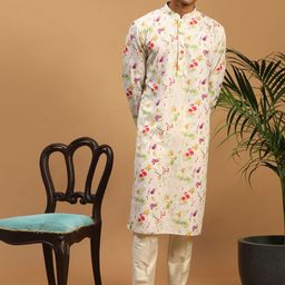 VASTRAMAY Men Cream-Coloured Floral Printed Kurta with Pyjamas-picture-22