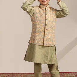 Manyavar Boys Thread Work Straight Kurta & Pyjamas With Nehru jacket image 1