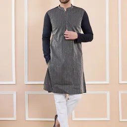 See Designs Striped Regular Long Sleeves Mandarin Collar Pure Cotton Kurta with Pyjamas-image-33