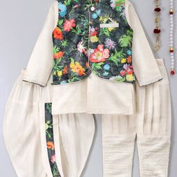 BAESD Boys Floral Printed Mandarin Collar Above Knee Straight Kurta With Pyjamas-picture-22