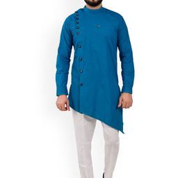 Pro-Ethic STYLE DEVELOPER Band Collar Angrakha Asymmetric Kurta with Pyjamas-picture-45