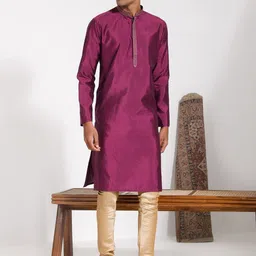 VASTRAMAY Embroidered Mandarin Collar Thread Work Silk Blend Straight Kurta with Pyjamas-image-107