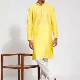 VASTRAMAY Embroidered Thread Work Mandarin Collar Silk Blend Straight Kurta with Pyjamas-image-94