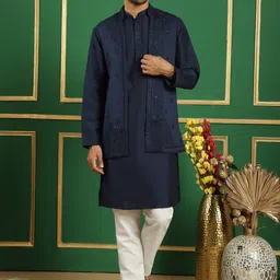 Jompers Mandarin Collar Thread Work Detailed Straight Kurta & Trouser With Jacket-picture-29