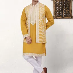 Jompers Embroidered Mandarin Collar Straight Chikankari Kurta With Pyjamas & Waistcoat-image-26