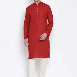 ROYAL KURTA Men Red & White Solid Pure Cotton Straight Kurta with Churidar-picture-12